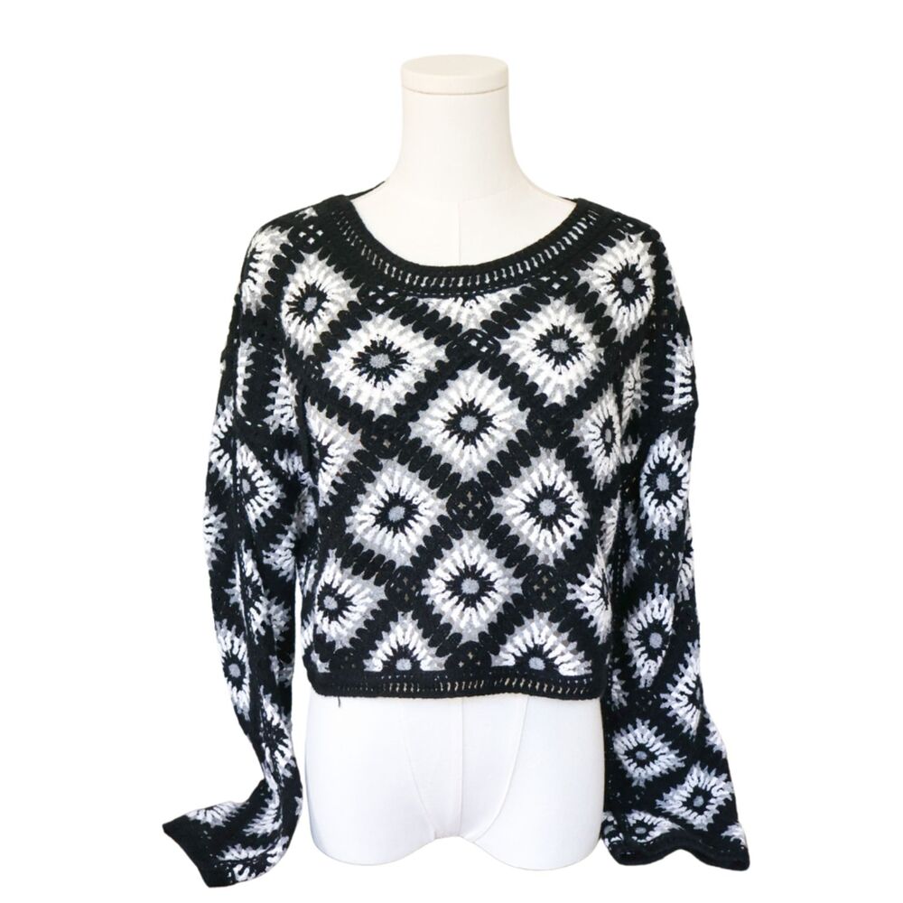 Wild Flower Black White Boho Granny Square Knit Top UK M/L